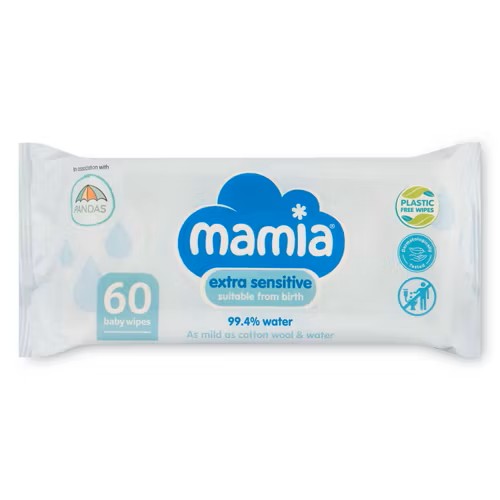 Drėgnos servetėlės Mamia EXTRA Sensitive 99,4% vanduo, 60vnt. 1 Mamia extra sensitive serveteles